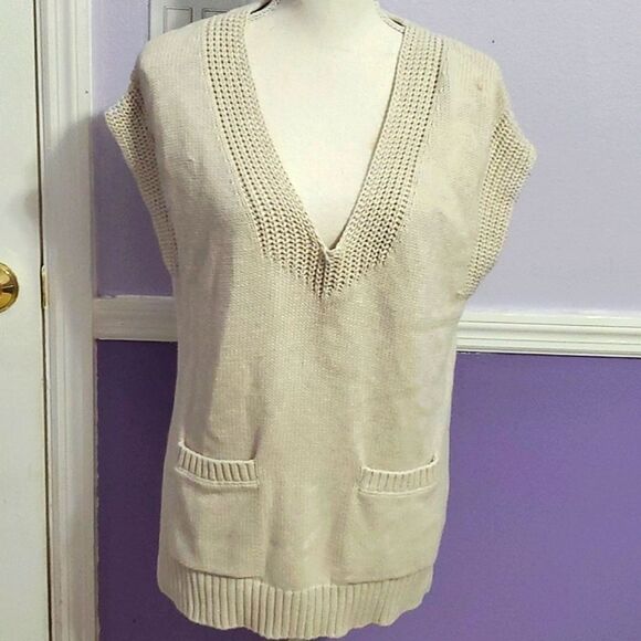 Gap Boho Retro Cream Deep V-neck Oversized Knitted Longline Sweater Vest - Picture 1 of 8